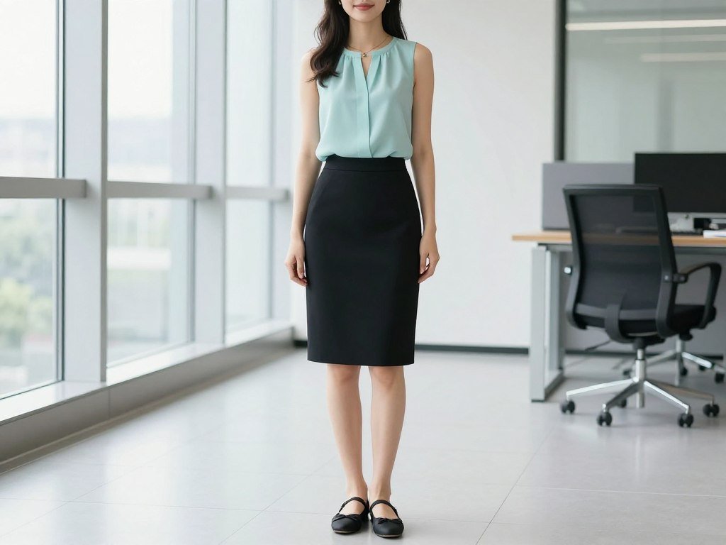 Woman in a business casual outfit with a black A-line skirt and sleeveless blouse for summer office wear