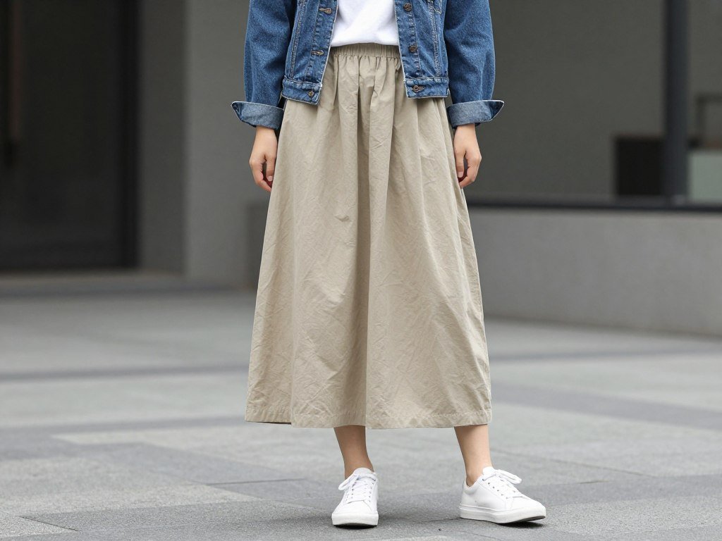 Woman in a casual maxi skirt outfit with sneakers and denim jacket
