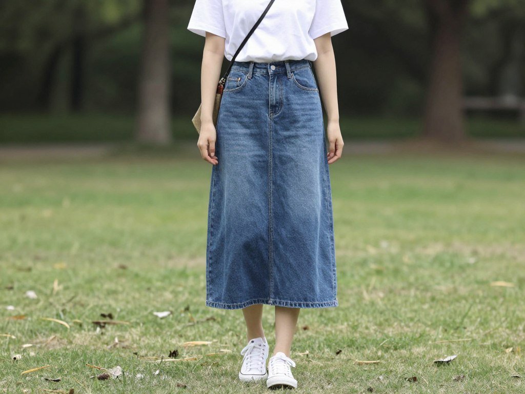 Woman in a casual weekend outfit with a maxi jean skirt, white t-shirt, and sneakers walking in a park