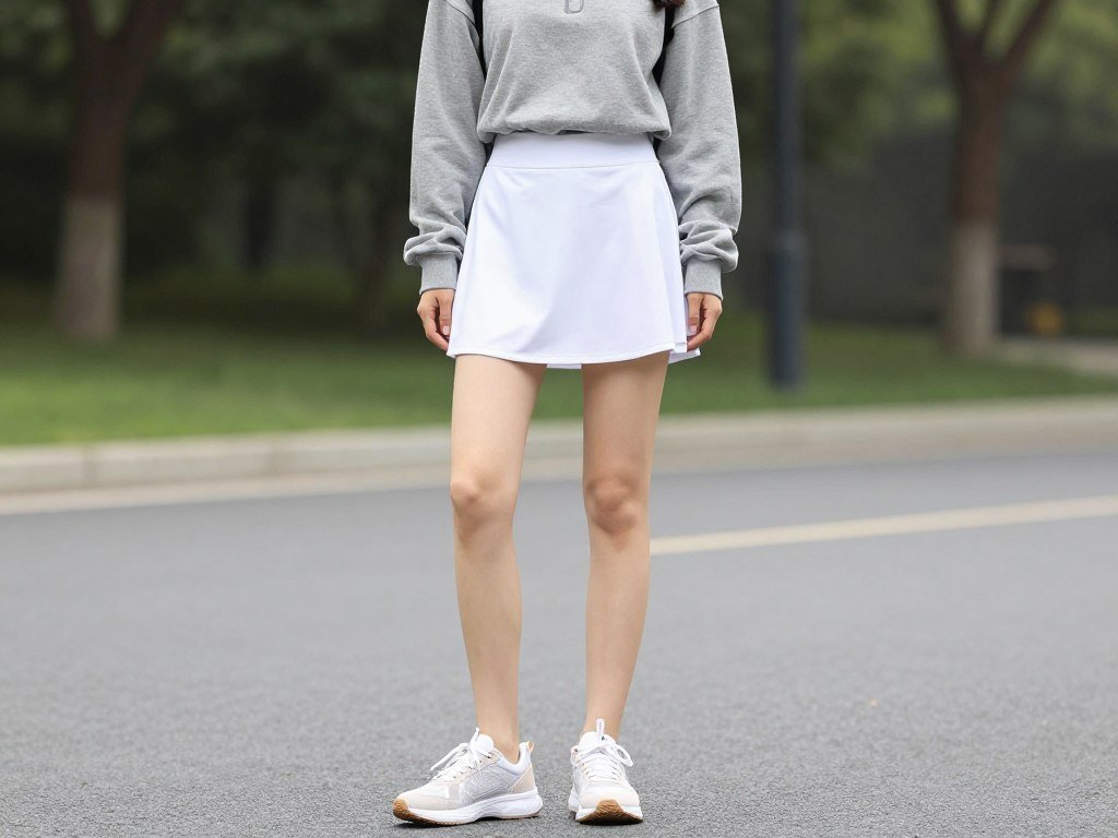 Woman in a casual weekend tennis skirt outfit with t-shirt and sneakers