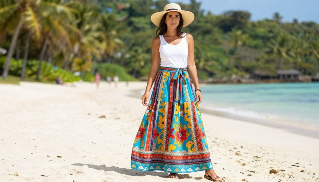 Woman in a colorful maxi skirt on a beach vacation
