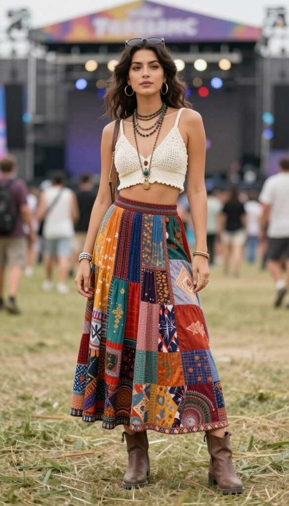 Woman in a colorful patterned maxi skirt with crop top for a festival-ready summer maxi skirt outfit