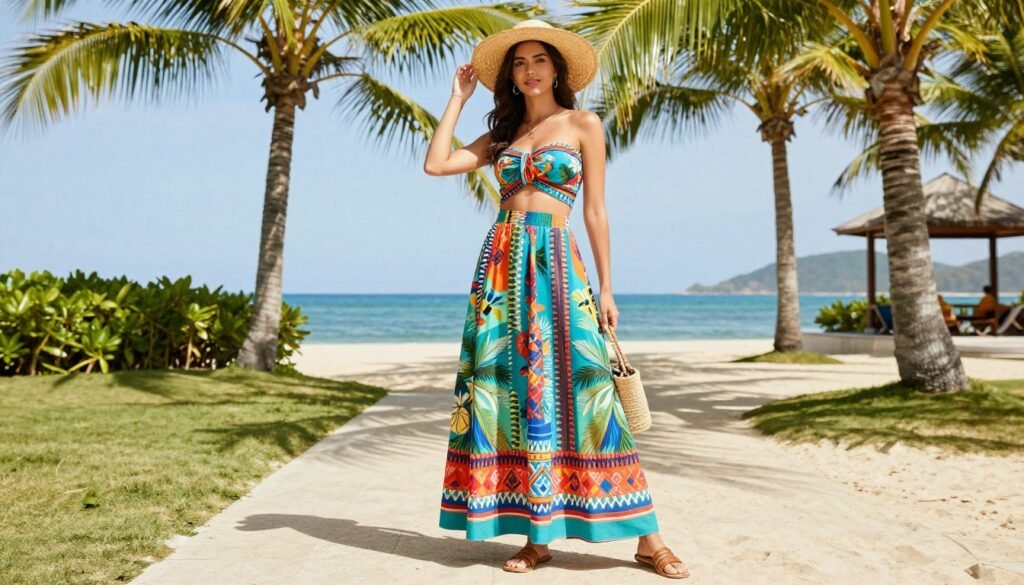 Woman in a colorful printed maxi skirt with a matching crop top and straw accessories at a tropical resort