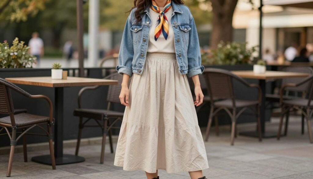 Woman in a cotton maxi skirt layered with a light denim jacket and scarf for cooler summer evenings
