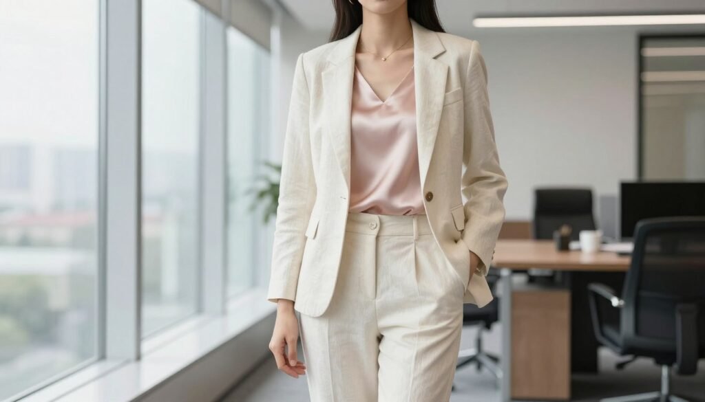 Woman in a cream linen blazer, matching tailored trousers, and silk shell top in an office setting
