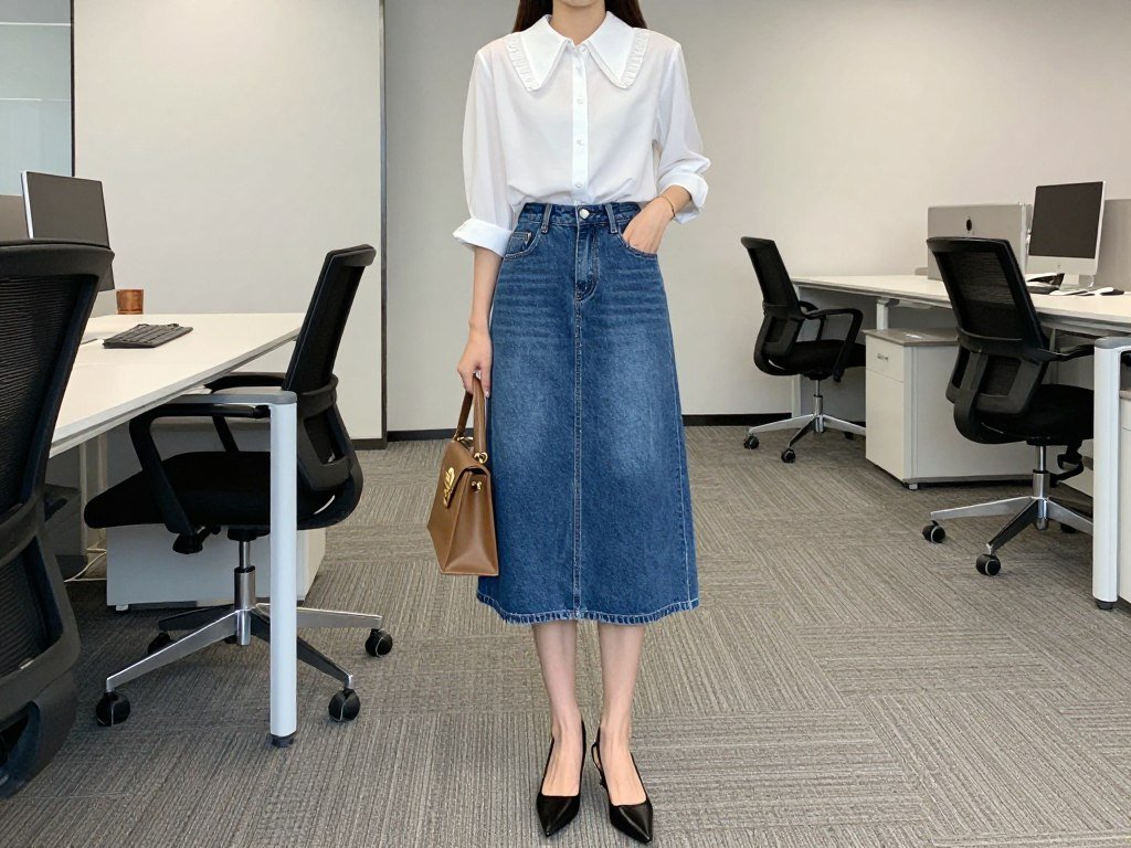 Woman in a creative office wearing a long jean skirt with a white button-up blouse and slingback heels