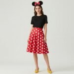 Woman in a cute Disney outfit inspired by Minnie Mouse featuring red polka dot skirt and black top