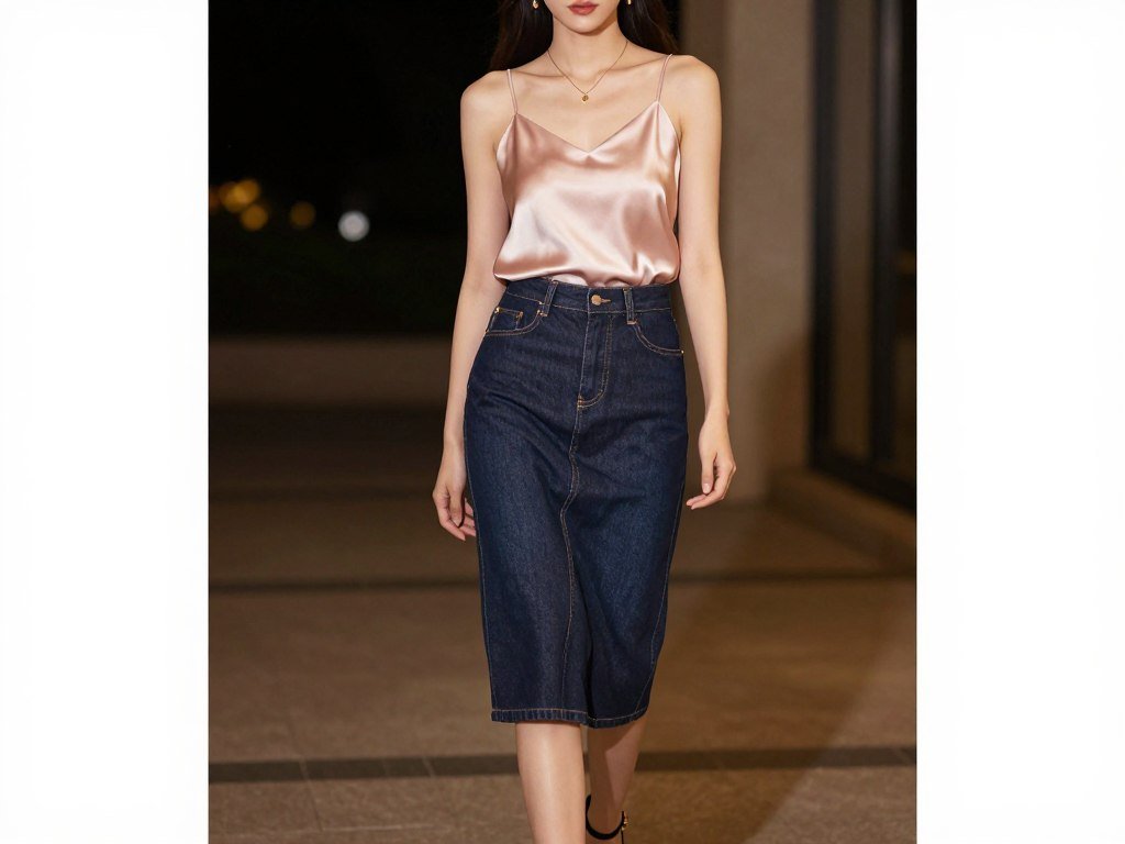Woman in a dark wash denim skirt with a silk camisole and strappy heels for an evening summer outfit