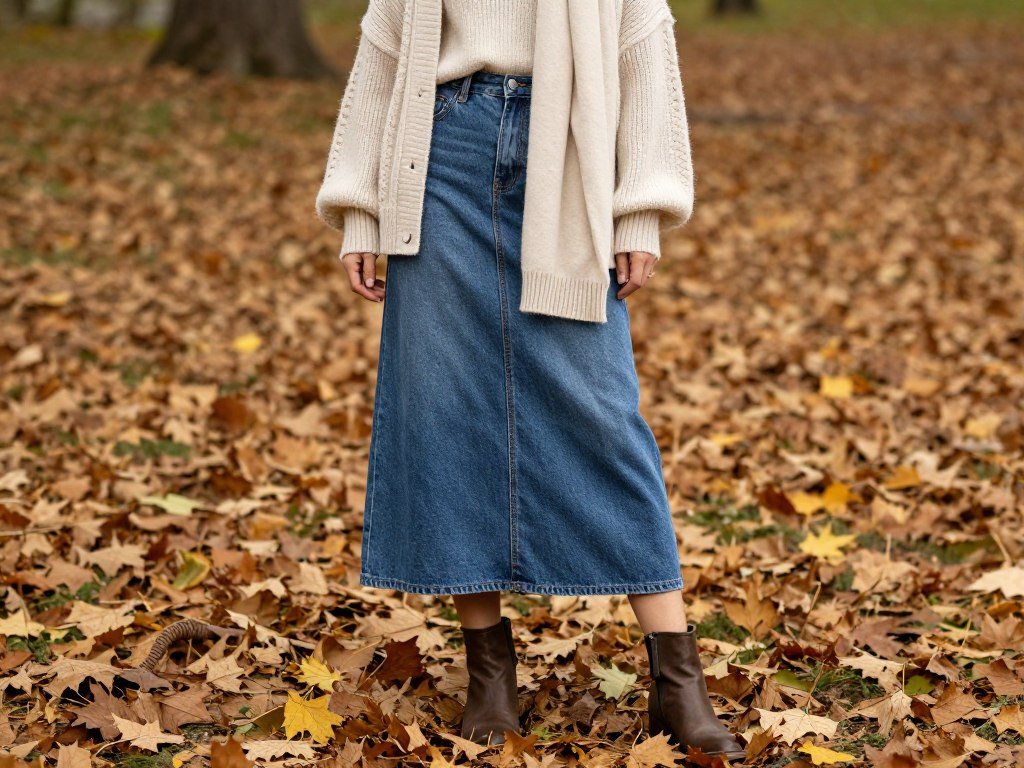Woman in a denim maxi skirt with a cardigan and scarf for fall layering