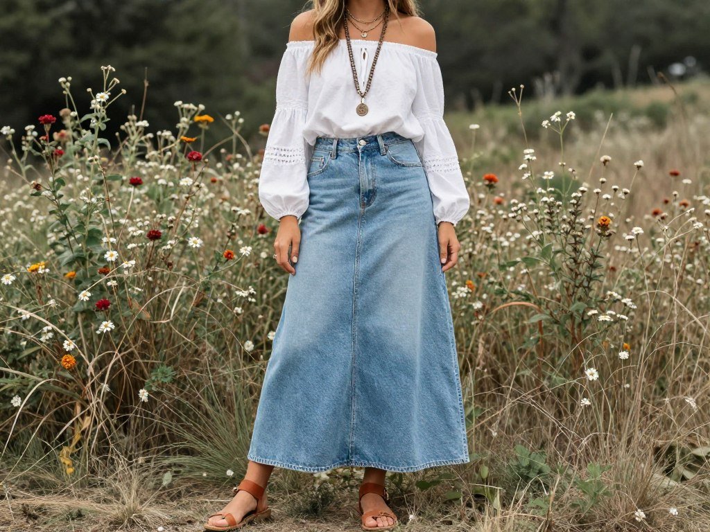 Woman in a denim maxi skirt with a flowy peasant top and layered necklaces for a bohemian look