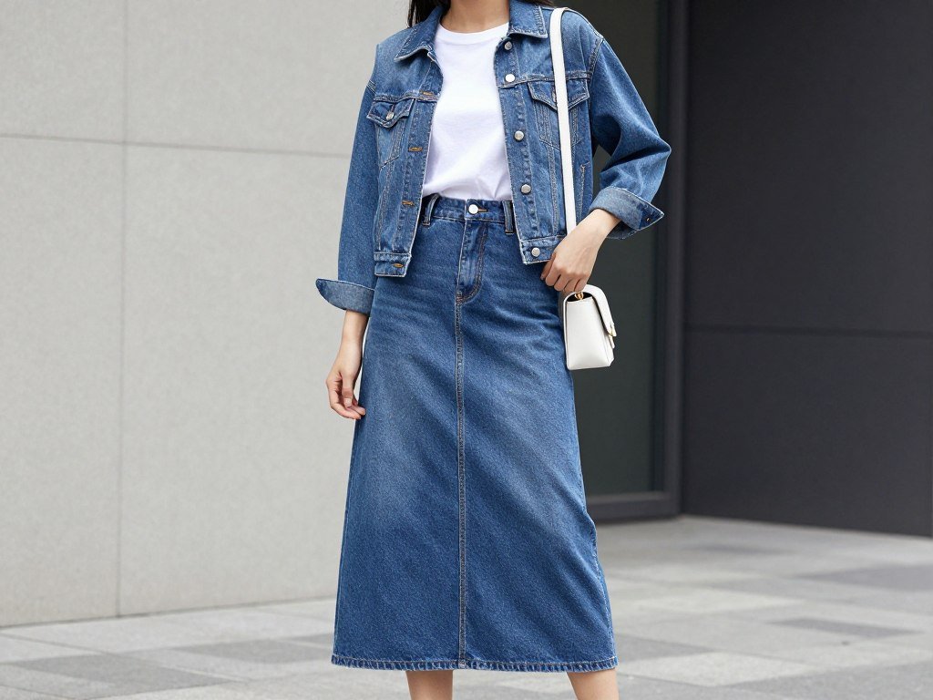 Woman in a denim maxi skirt with a matching denim jacket and white accessories for a coordinated look