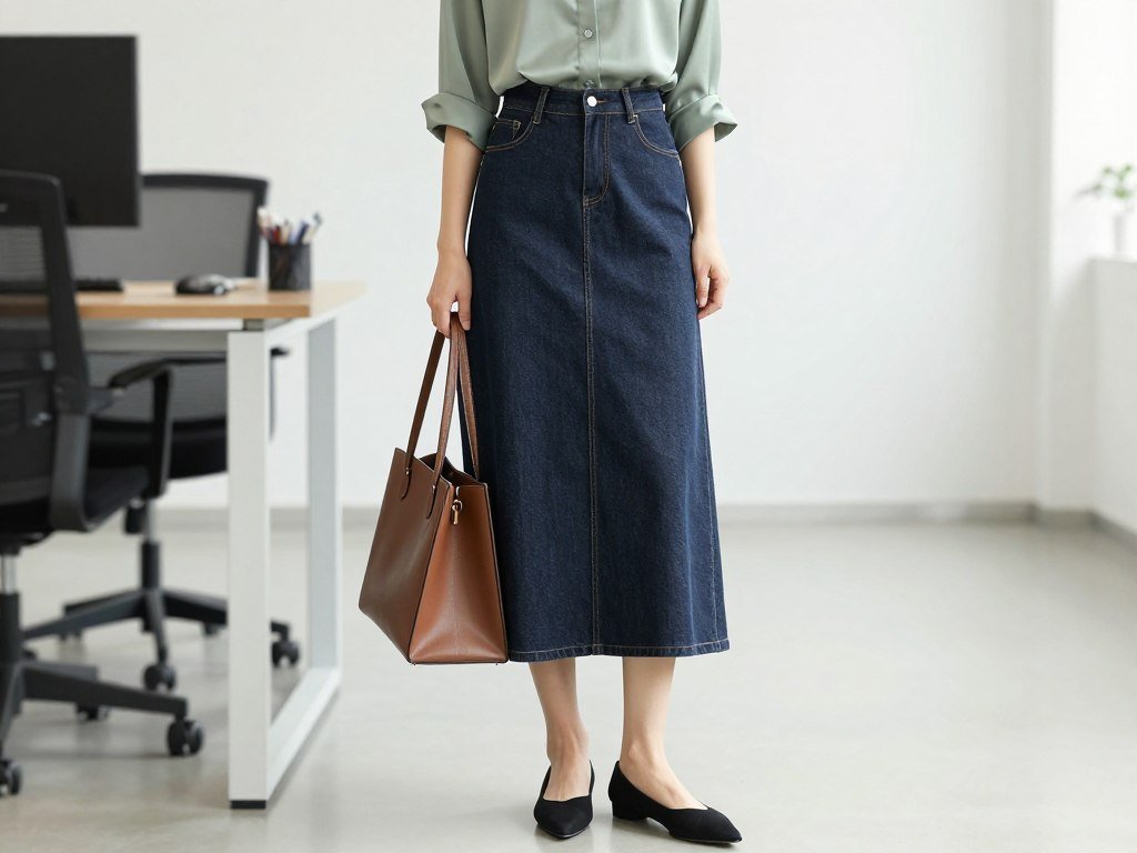 Woman in a denim maxi skirt with a silk blouse and pointed flats in a professional setting