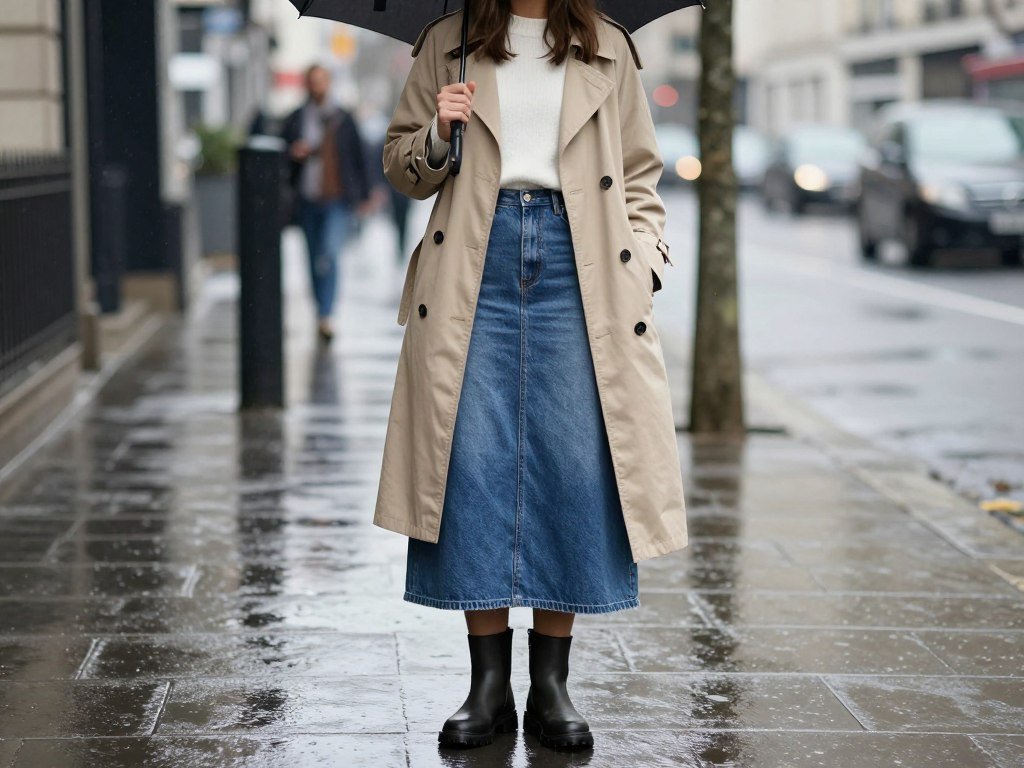 Woman in a denim maxi skirt with a trench coat and boots for a rainy day outfit