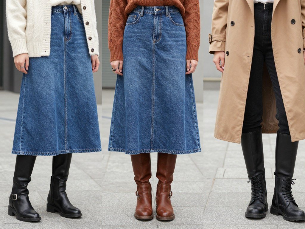 Woman in a denim maxi skirt with different boot styles for fall and winter