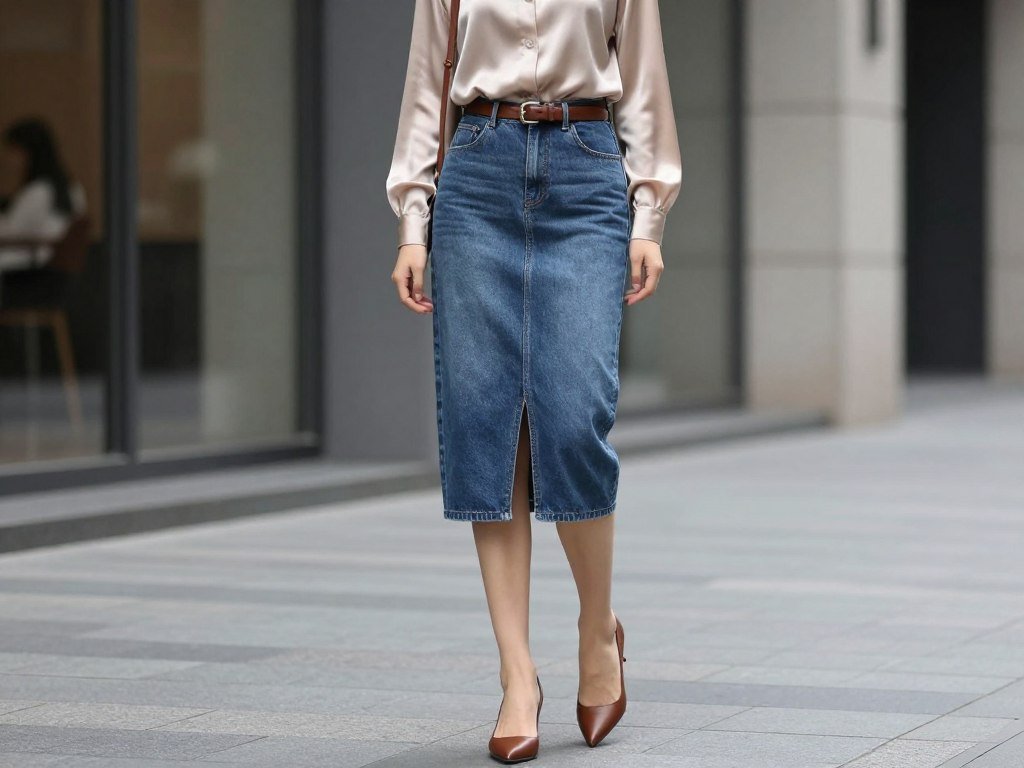 Woman in a denim midi skirt outfit with a tucked-in silk blouse and leather belt