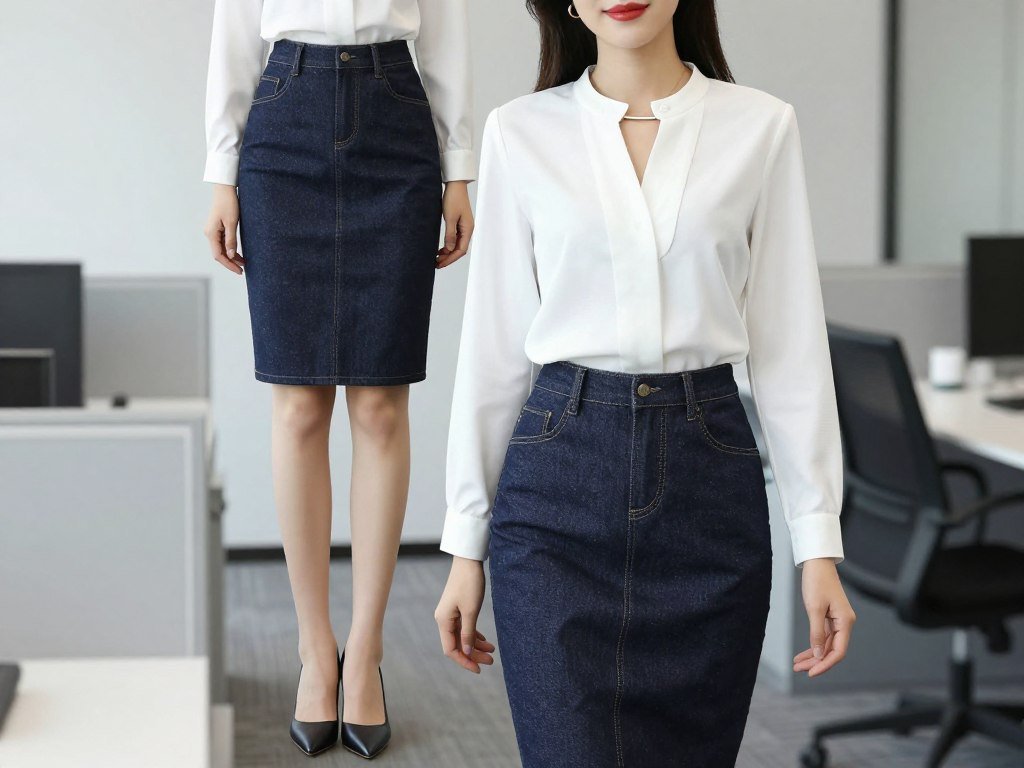 Woman in a denim pencil skirt outfit with a structured white blouse and pointed pumps