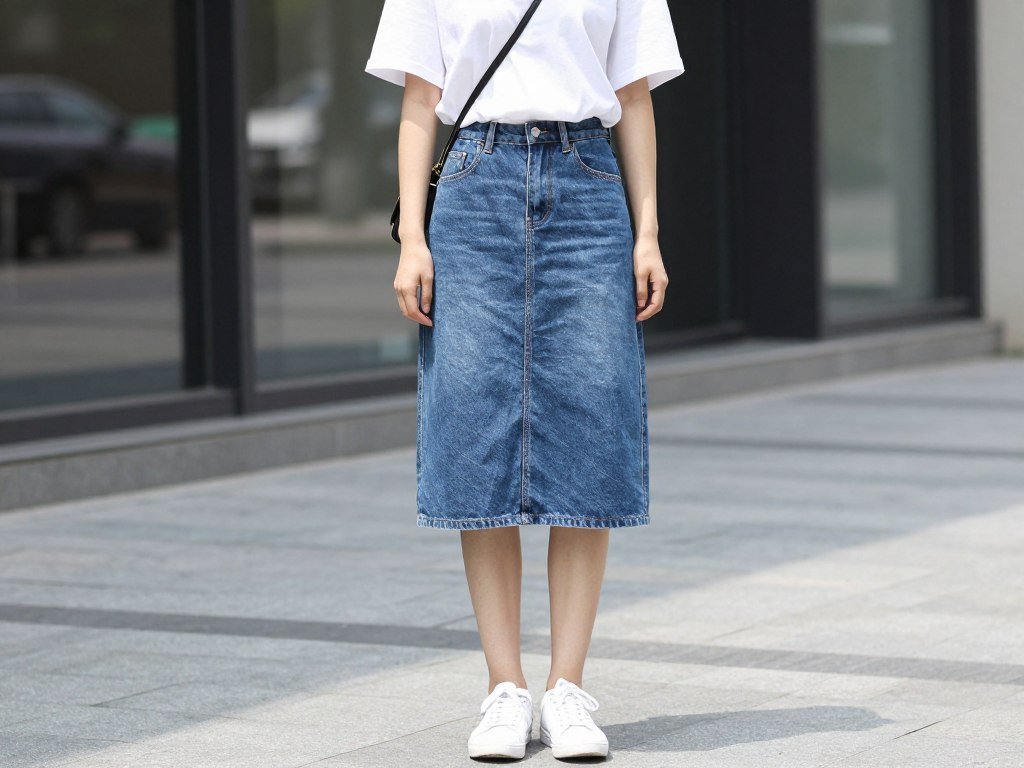 Woman in a denim skirt outfit featuring a casual white t-shirt and white sneakers for a weekend look