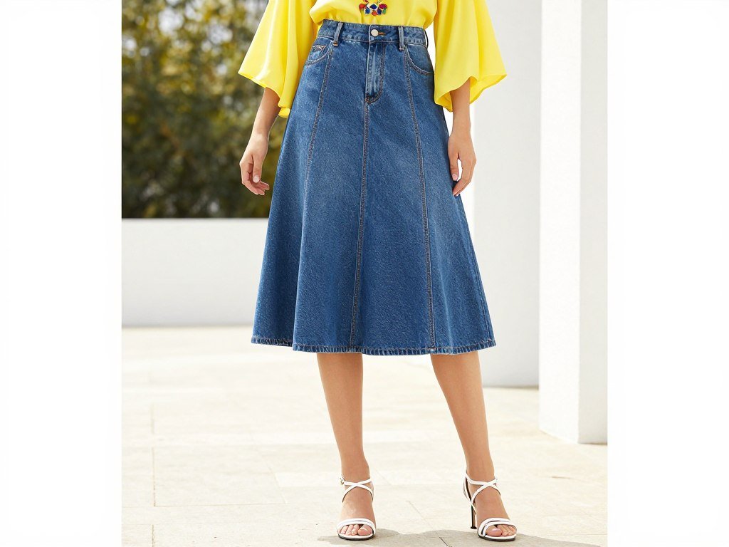 Woman in a denim skirt with a bright yellow blouse and white sandals for a colorful summer outfit