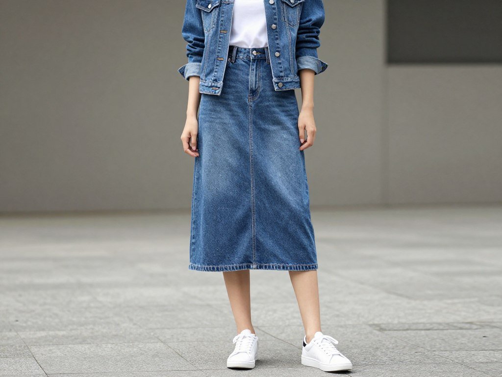 Woman in a denim skirt with a matching denim jacket and white tank top for a double denim summer look