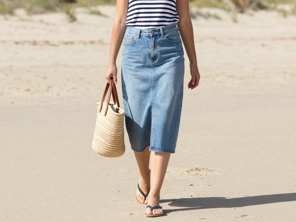 Woman in a denim skirt with a striped tank top and flip flops walking on the beach