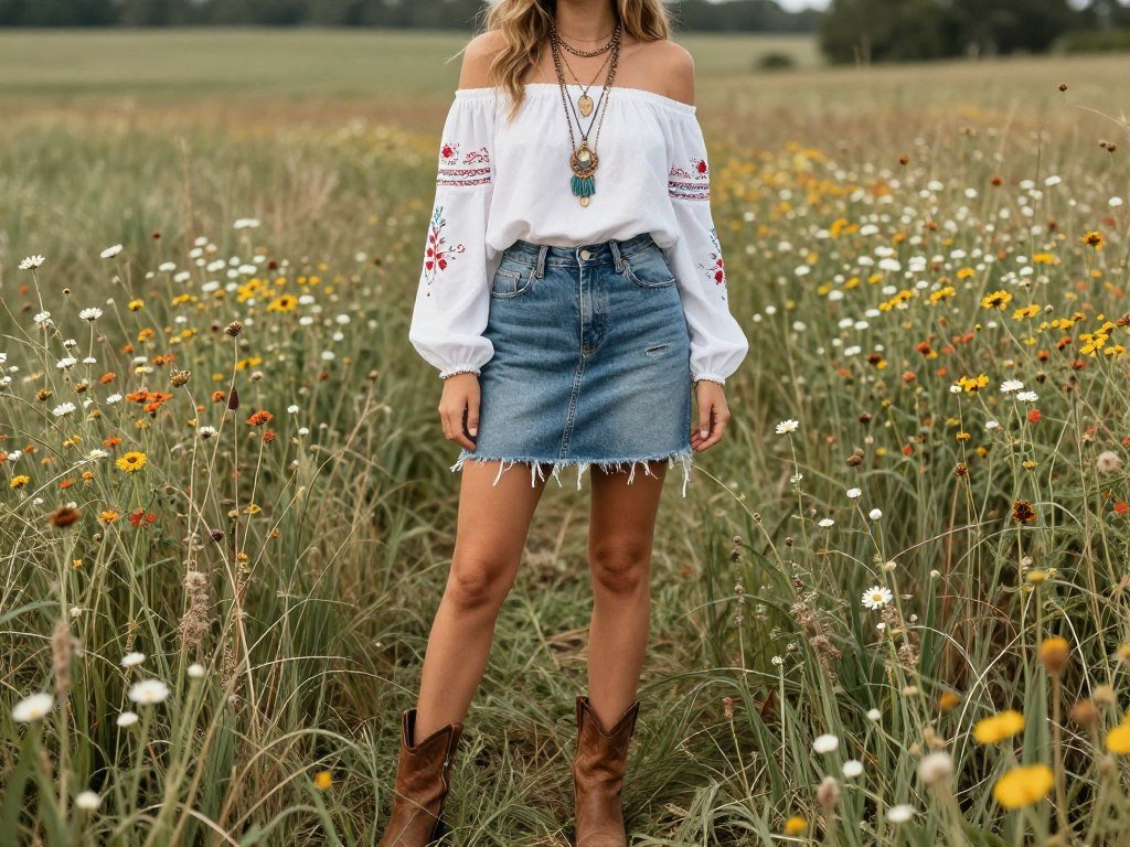 Woman in a denim skirt with an off-shoulder peasant top and ankle boots for a boho summer look