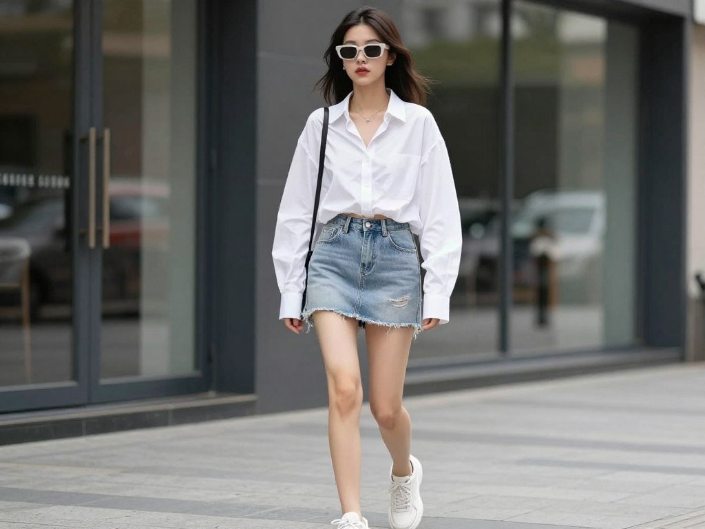 Woman in a denim skirt with an oversized button-down shirt and chunky sneakers for a trendy summer look
