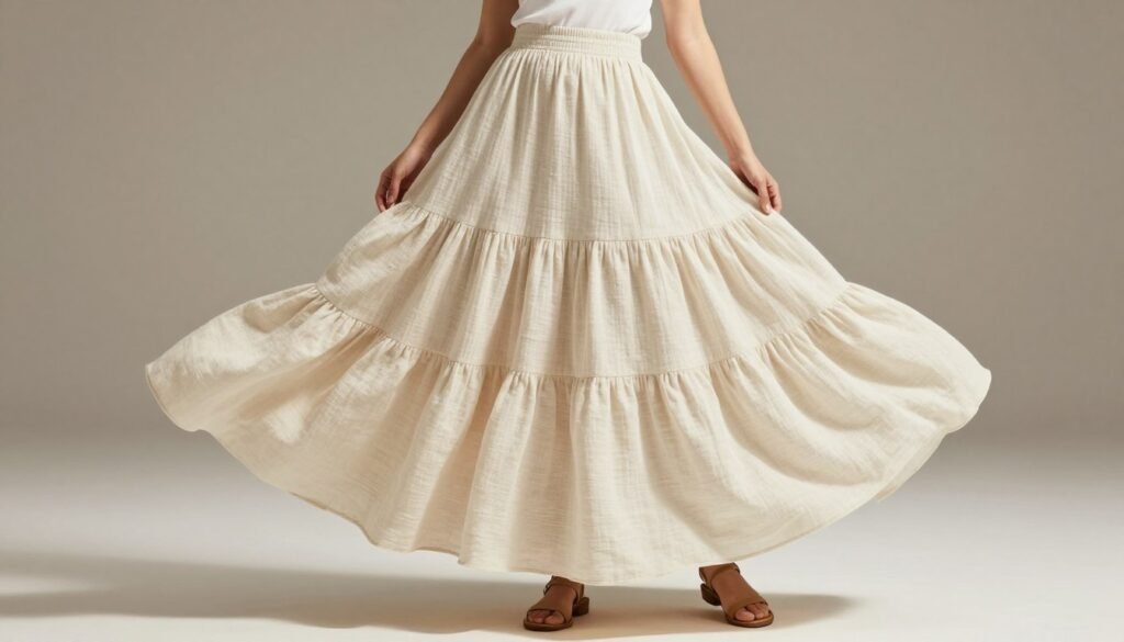 Woman in a dramatic tiered maxi skirt with volume paired with a fitted top creating a balanced silhouette