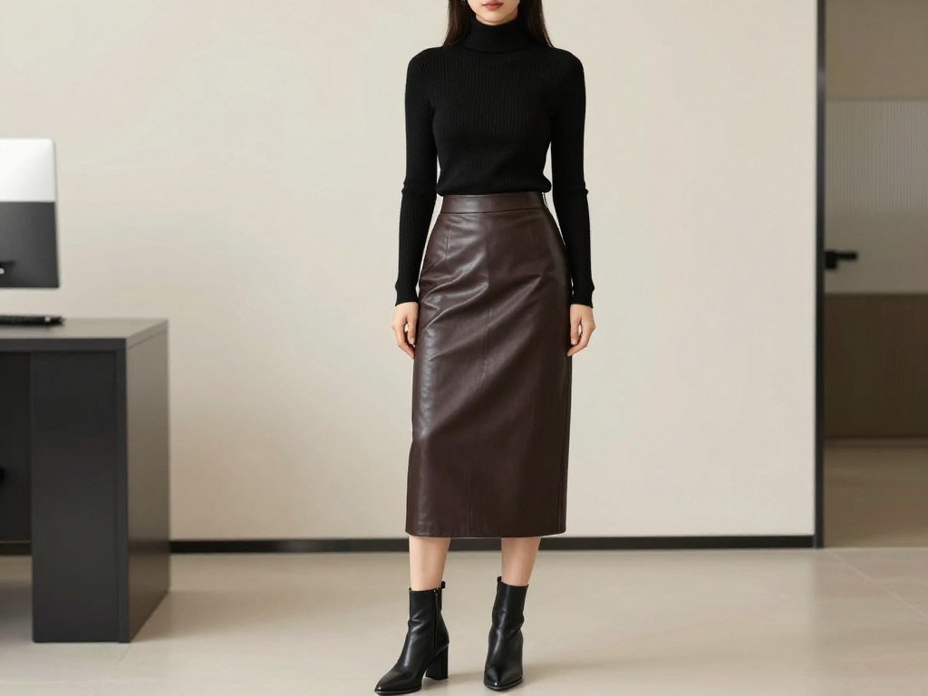 Woman in a fitted turtleneck sweater with a leather midi skirt and heeled boots
