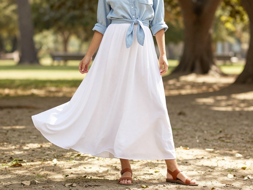 Woman in a flowing white maxi skirt paired with a chambray shirt and brown leather sandals in a park setting