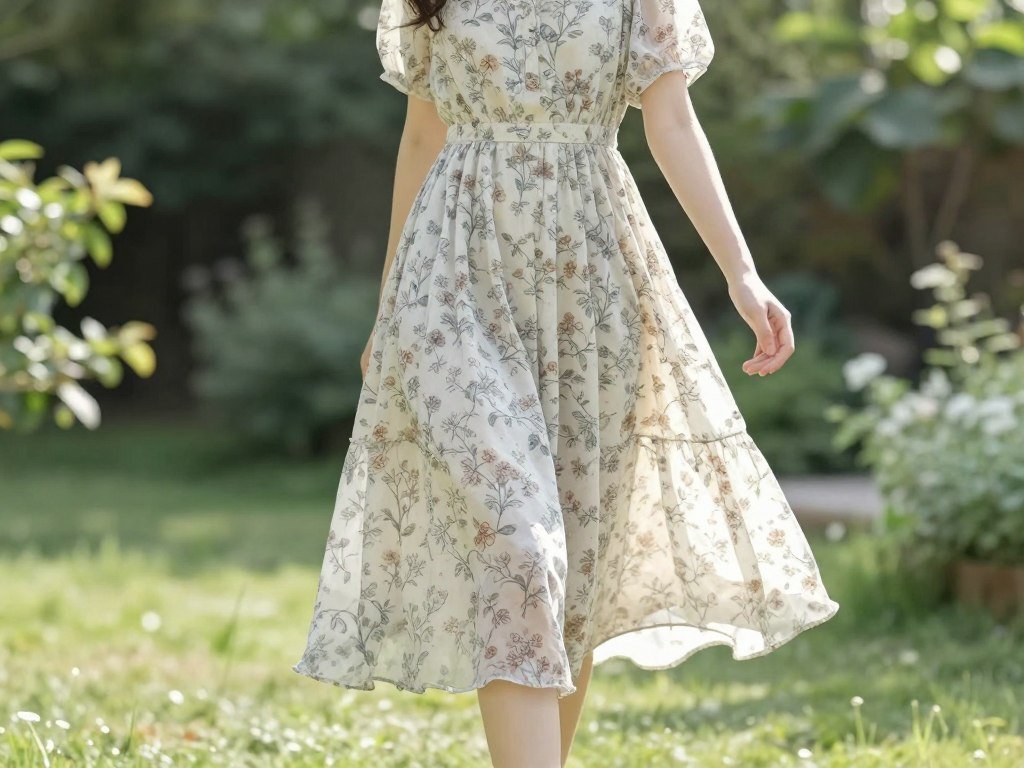 Woman in a flowy floral summer dress walking through a garden on a sunny day