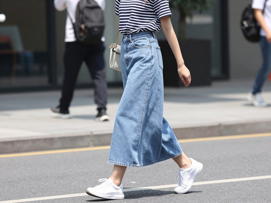 Woman in a light wash denim maxi skirt with a striped t-shirt and white sneakers walking on a city street