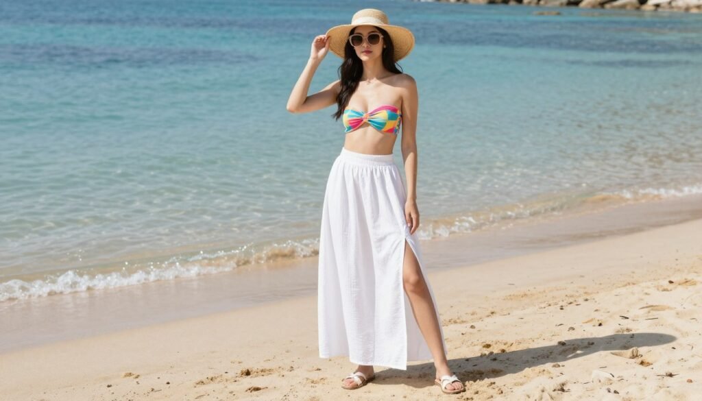 Woman in a lightweight cotton maxi skirt with side slit paired with a swimsuit top and straw hat on a beach