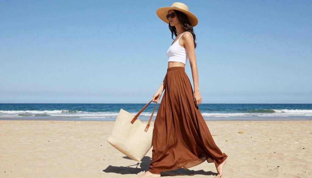 Woman in a long brown skirt with a crop top and sun hat on a beach