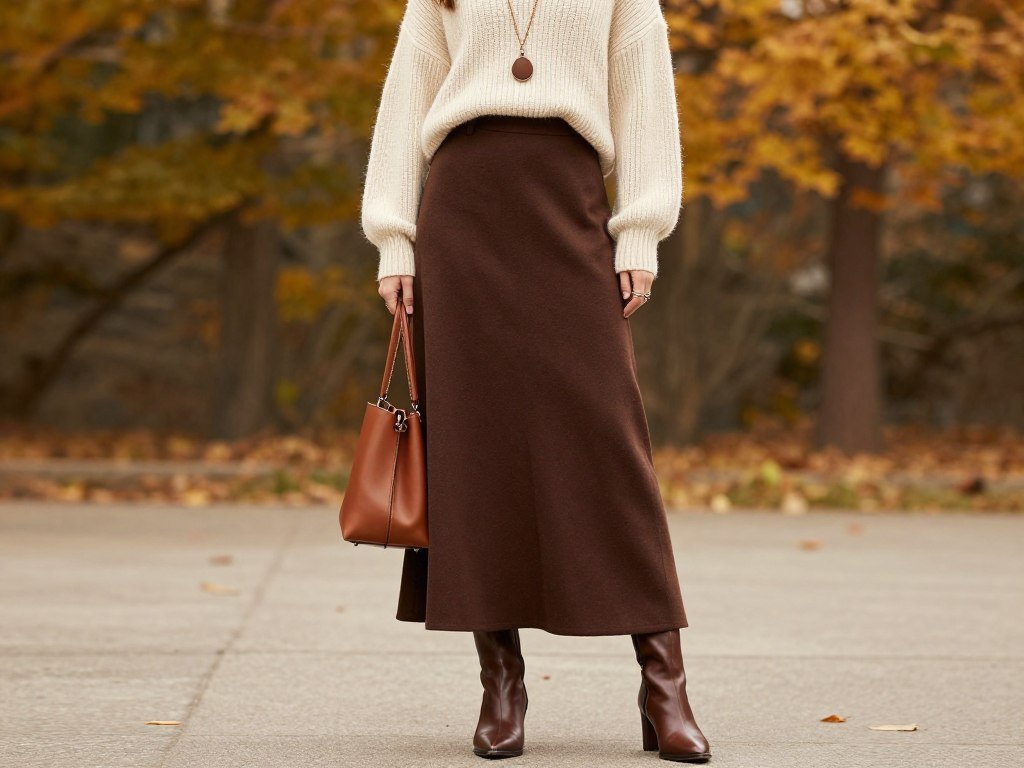 Woman in a long brown skirt with a sweater and boots for fall