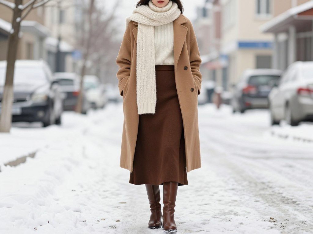 Woman in a long brown skirt with winter layers including a coat and scarf