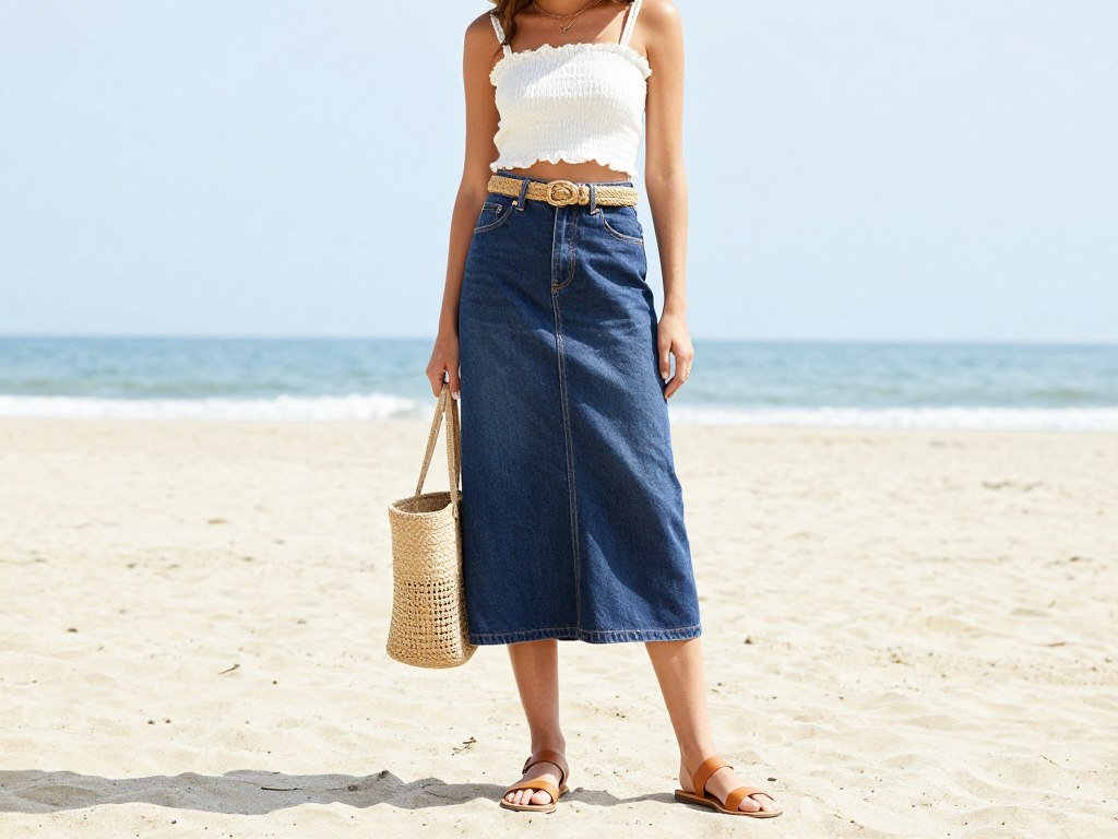 Woman in a long denim skirt with a crop top and sandals for summer