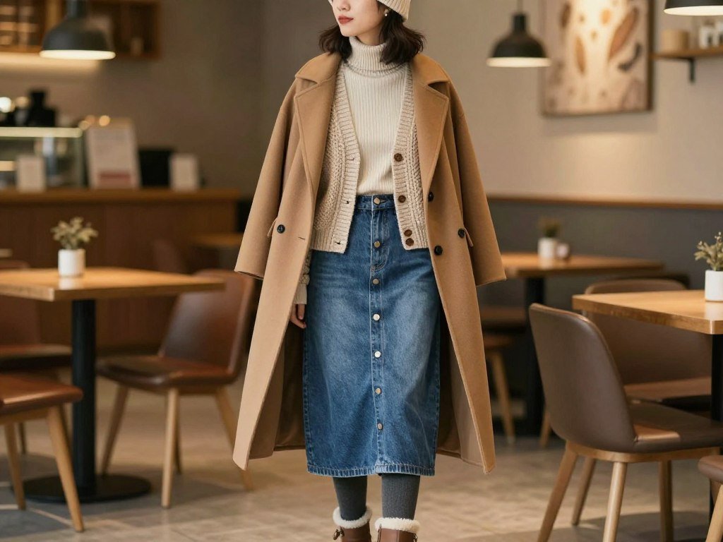 Woman in a long denim skirt with layered winter clothing including cardigan and wool coat