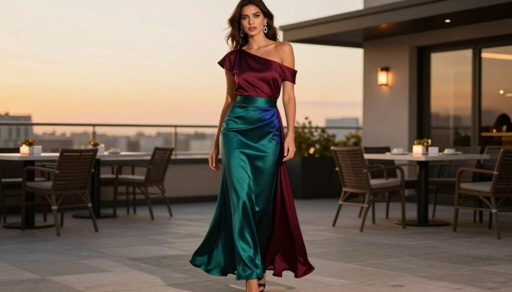 Woman in a luxurious satin maxi skirt paired with an elegant off-shoulder top and heeled sandals at sunset