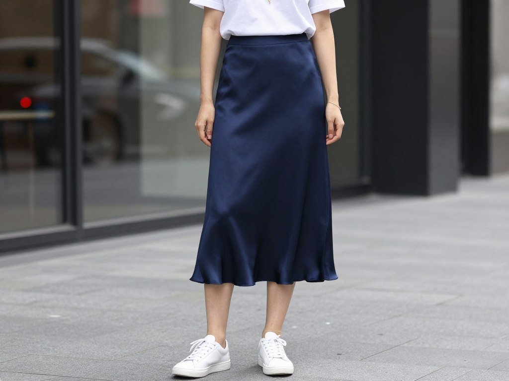 Woman in a navy satin midi skirt styled with a casual white t-shirt and white sneakers for a relaxed satin skirt outfit