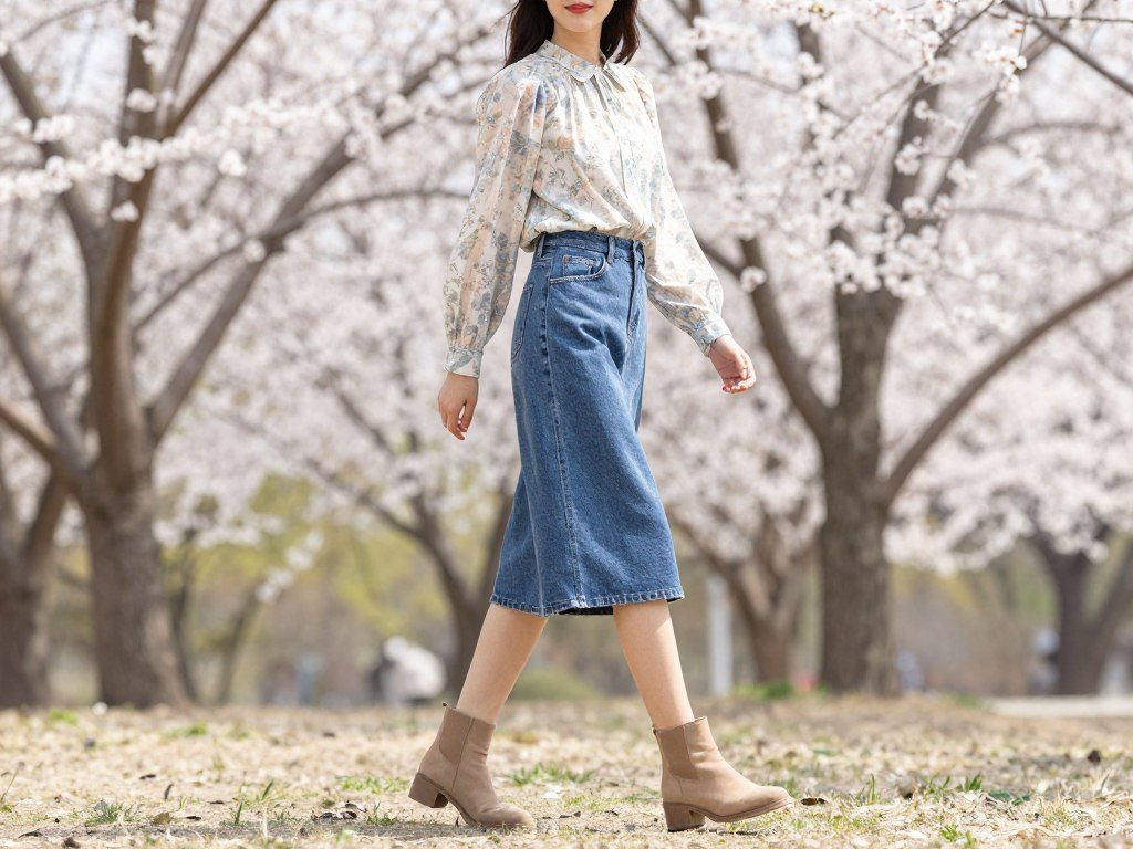 Woman in a park wearing a midi denim skirt with a floral blouse and ankle boots surrounded by spring flowers