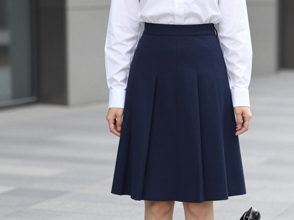 Woman in a pleated skirt paired with a crisp white button-down shirt and classic pumps