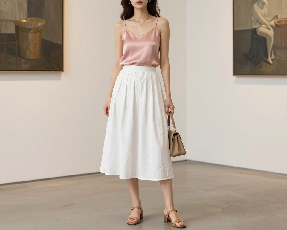 Woman in a pleated white midi skirt paired with a blush pink silk camisole and tan leather sandals