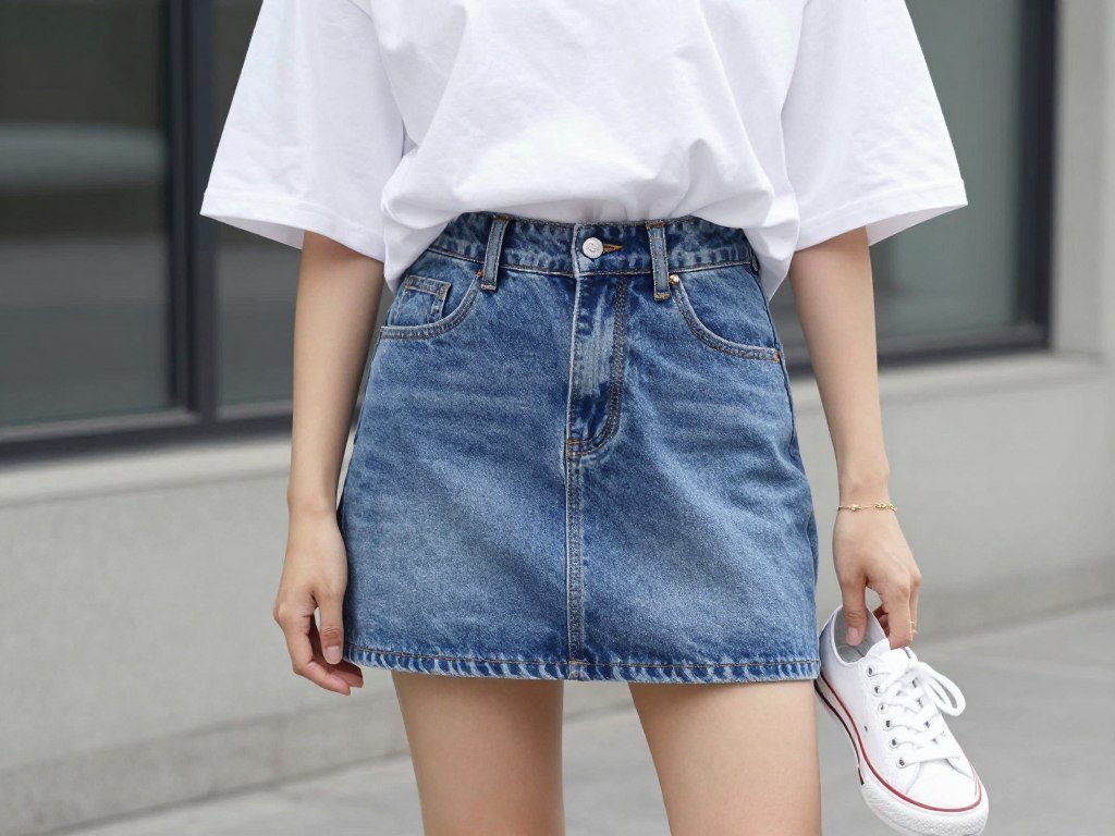 Woman in a short jean skirt paired with oversized white t-shirt and white sneakers