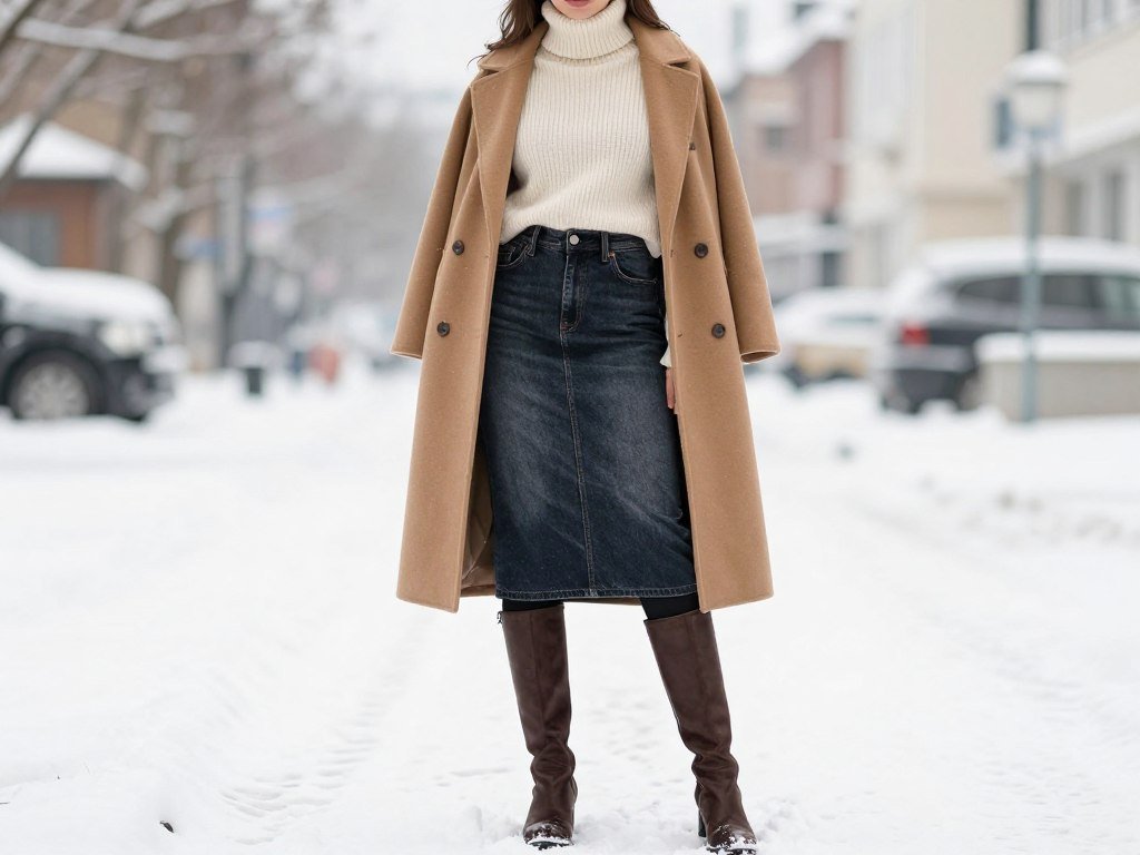 Woman in a snowy setting wearing a midi denim skirt with thick tights, knee-high boots and a long coat