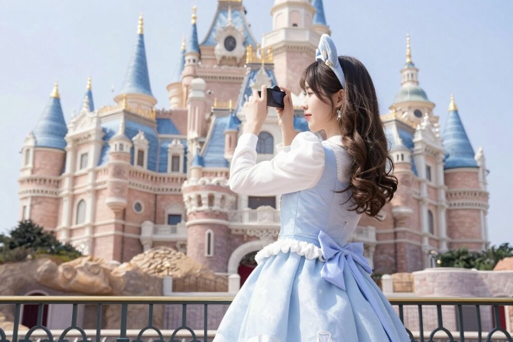Woman in a stylish Disney outfit taking photos in front of Cinderella Castle