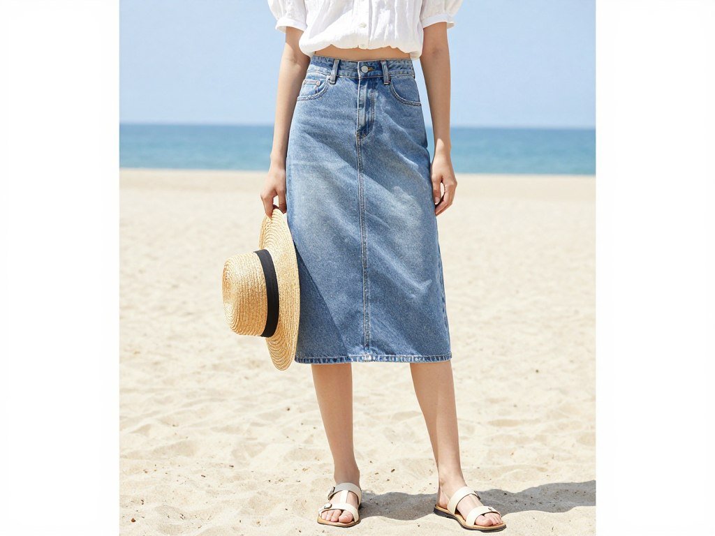 Woman in a summer denim skirt outfit with a white crop top and flat leather sandals