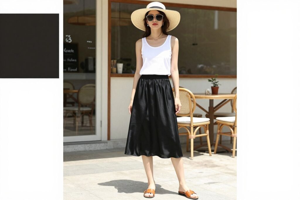 Woman in a summer outfit featuring a black silk skirt with a white tank top and slide sandals