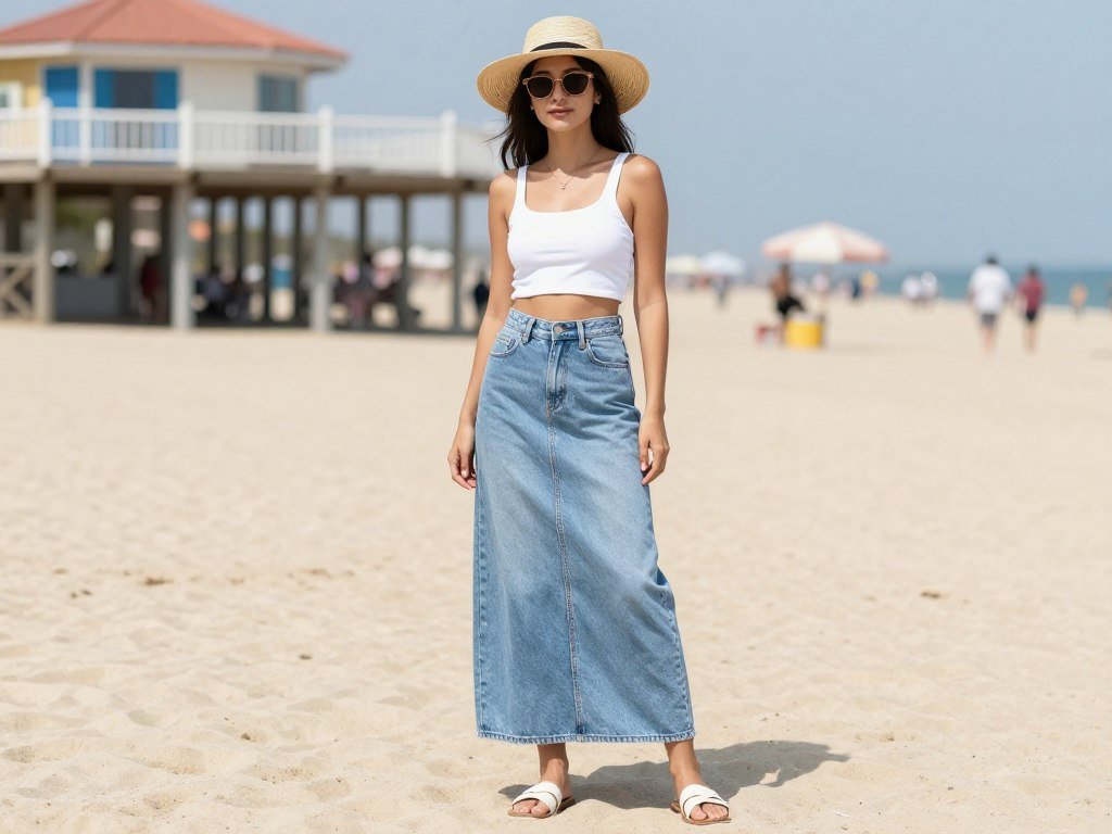 Woman in a summer outfit with a light wash maxi jean skirt, crop top, and sandals at a beach