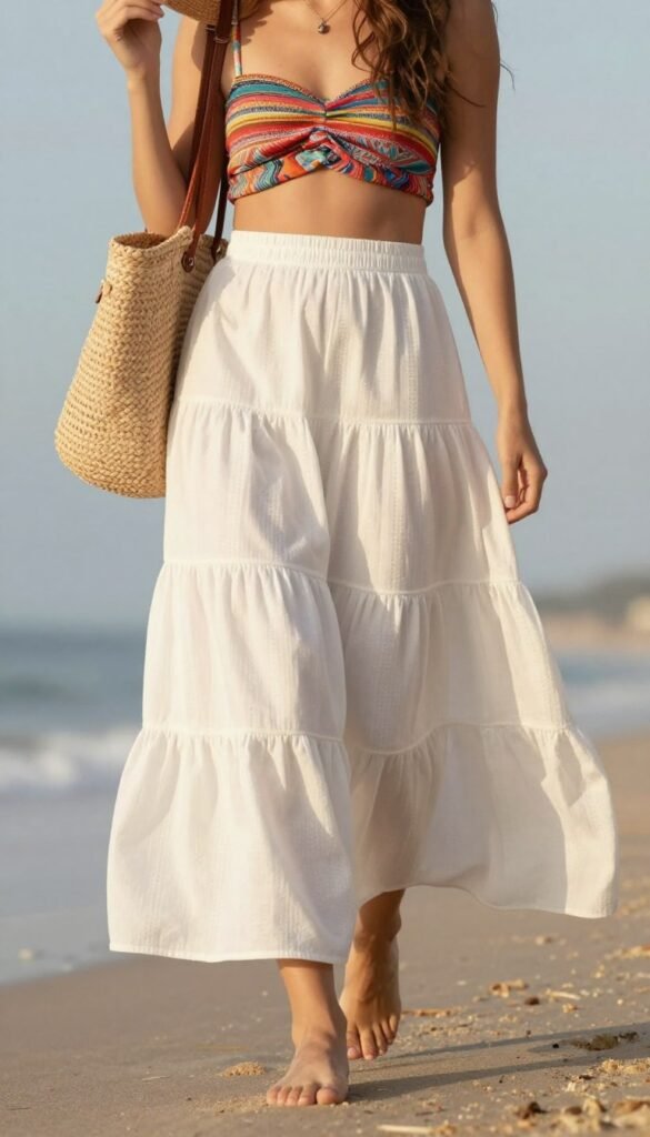 Woman in a tiered white cotton maxi skirt paired with a colorful crop top and beach accessories for a bohemian summer maxi skirt outfit