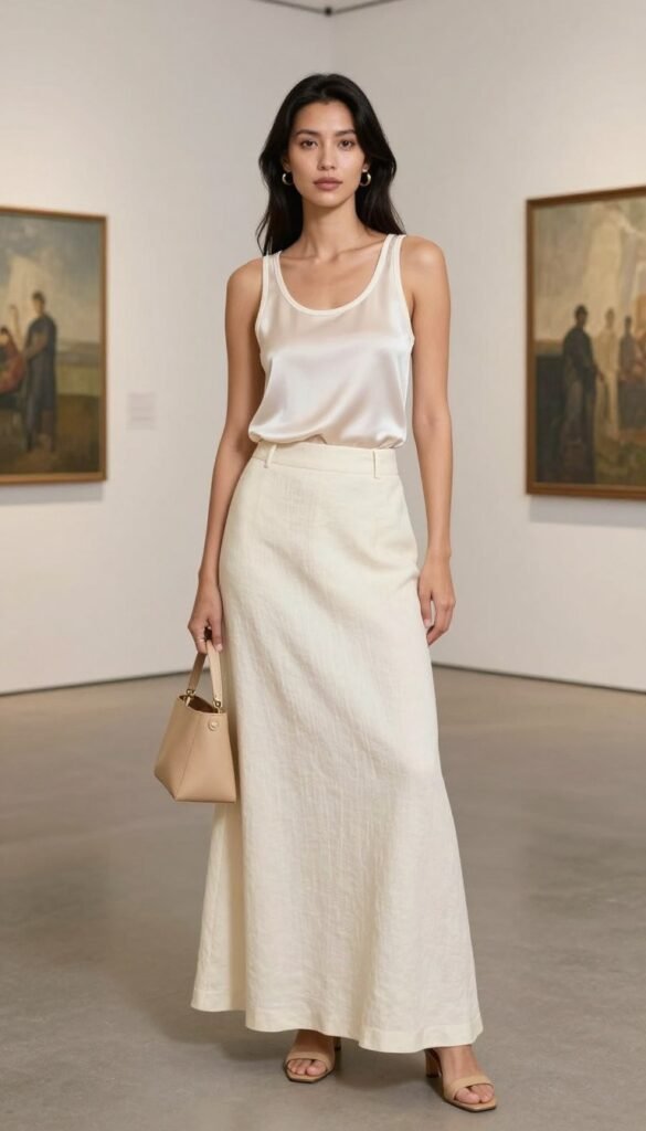 Woman in a tonal outfit featuring a maxi skirt and matching top in the same color family for a sophisticated summer look